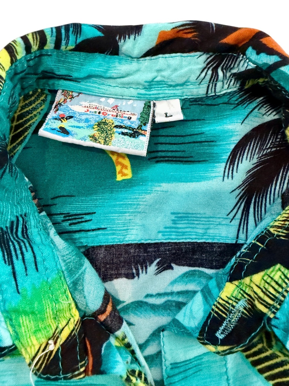 Just Cruising Hawaiian Style Tropical Aloha Shirt Men’s L Turquoise Palm Tree - Picture 6 of 6